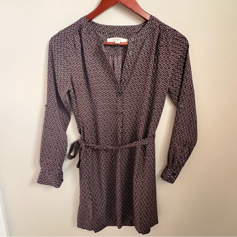 Loft petite women shirt dress burgundy block print size XXSP